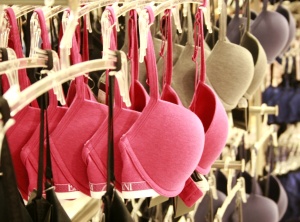 Row of bras hanging in lingerie store